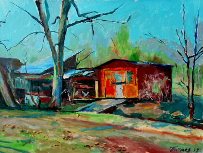 Пейзаж с красным   гаражом