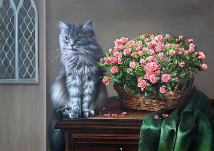 Кошка с цветами