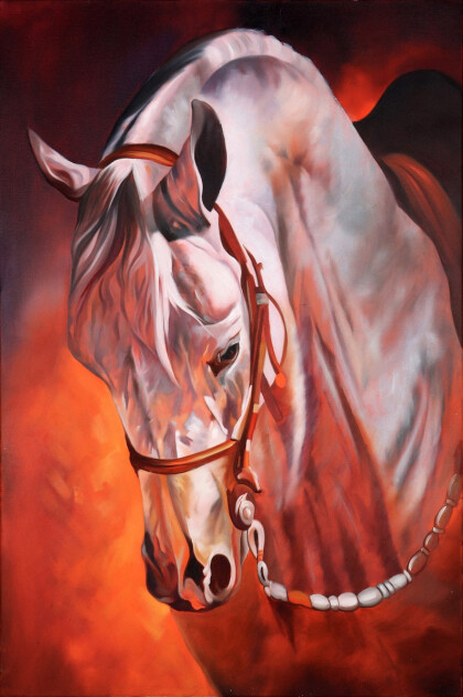 Запряженная белая лошадь