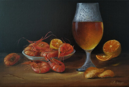 Натюрморт с креветками и пивом