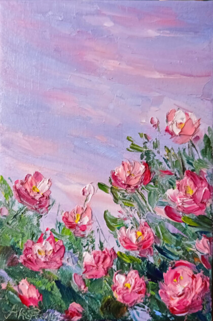 Миниатюра на магните маслом "Розовый вечер"