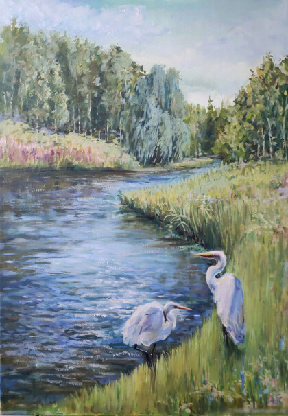 Лесное озеро с цаплями