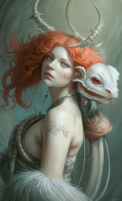 Рыжая девушка с черепом