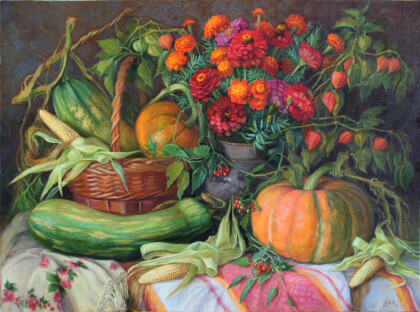 Осенний натюрморт с тыквами и кукурузой