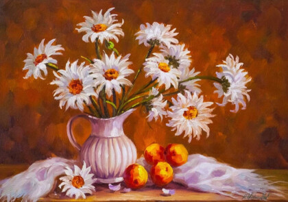 Натюрморт с ромашками и персиками