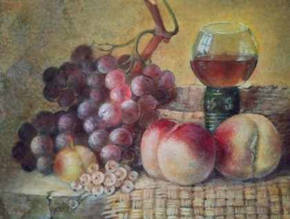 Натюрморт с виноградом, персиками ,корзиной и бокалом.