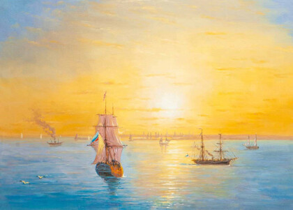 Копия картины Ивана Айвазовского. Российский флот на закате