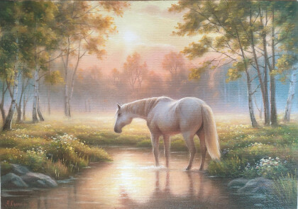 Пейзаж с белой лошадью