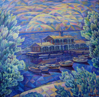 Вечер на Волге. Дебаркадер и лодки.