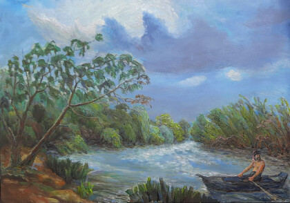 Казак, плывущий по реке. Живопись ZhNataly