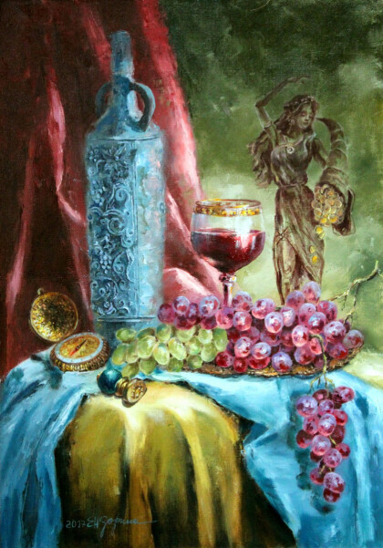 Вертикальный натюрморт с вином и виноградом "Фортуна"