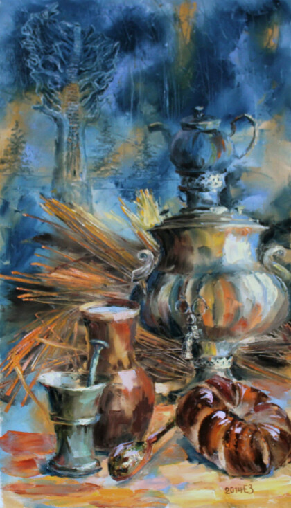 Картина с русским самоваром