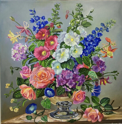 копия картины Альберт Вильямс Дельфиниум и коралловые розы