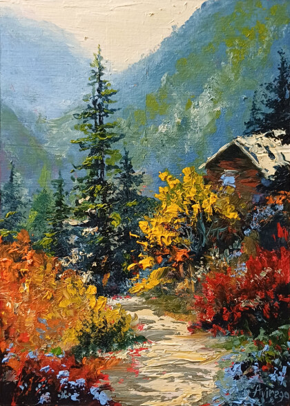 Осенний пейзаж домик в горах