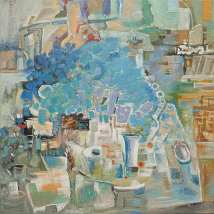 Большой голубой натюрморт с букетом гортензий