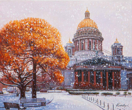 Подарок осени - первый снег над Исаакием