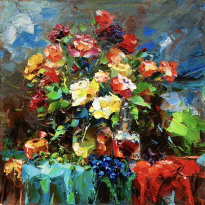 Наследие фламандцев. Натюрморт с букетом роз, виноградом, яблоками и вином