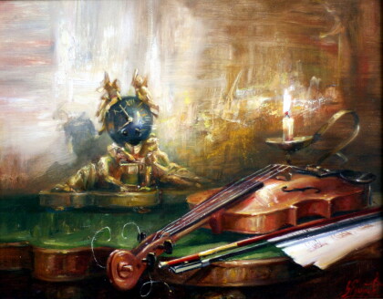 натюрморт с бронзовыми часами и скрипкой