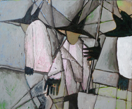 Двое с носилками, один с лопатой