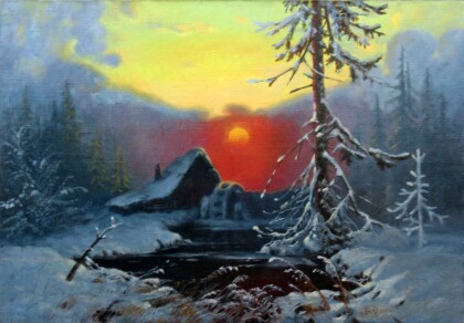 Зимний пейзаж с мельницей