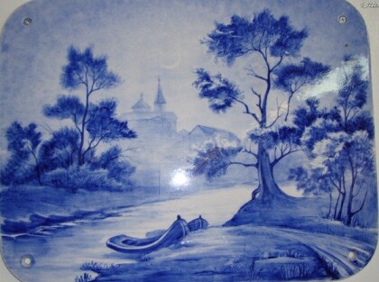 Деревенский пейзаж. вышивка под гжель на подушке