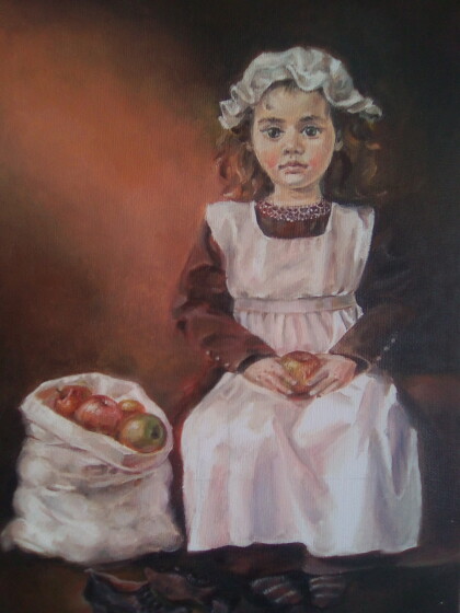 Девочка в чепце с мешком яблок
