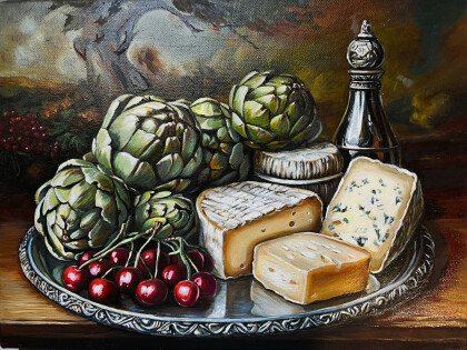 Натюрморт с сыром, артишоками и вишней