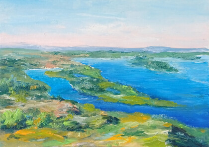 Картина маслом Волга река на картоне 15*21см