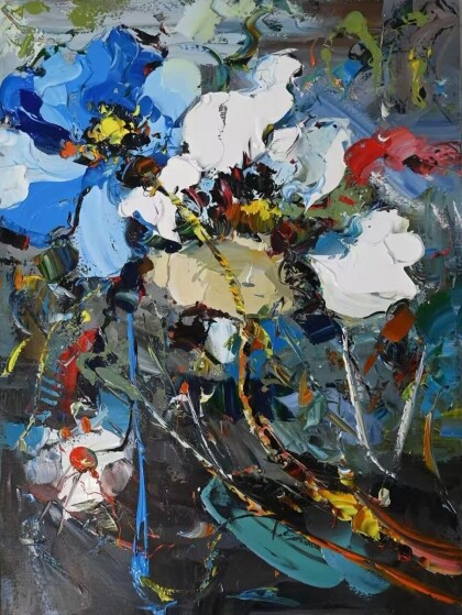 Белые и синие маки на сером. N2