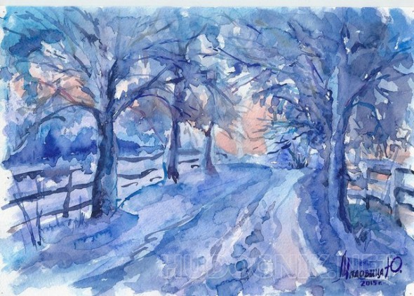 Пейзаж акварелью - Зимний вечер
