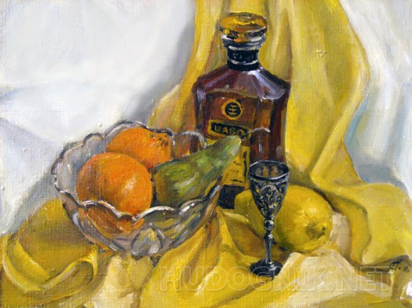 Натюрморт маслом на холсте - фрукты, коньяк