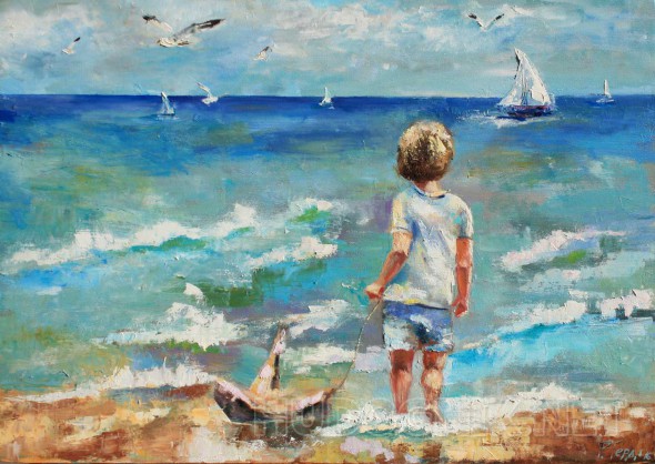 Морской пейзаж маслом на холсте - Будущий капитан