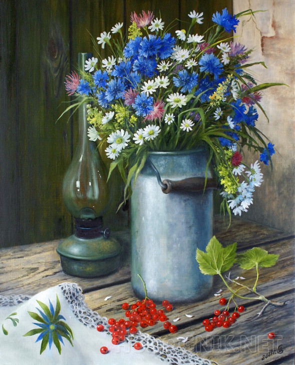 Натюрморт маслом на холсте с ромашками и васильками
