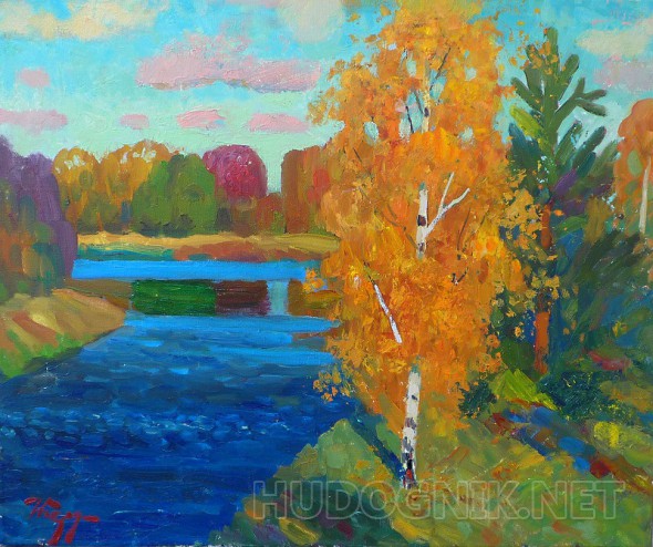 Осенний пейзаж с речкой и березой