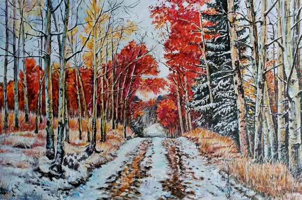 Поздняя осень - пейзаж маслом на холсте