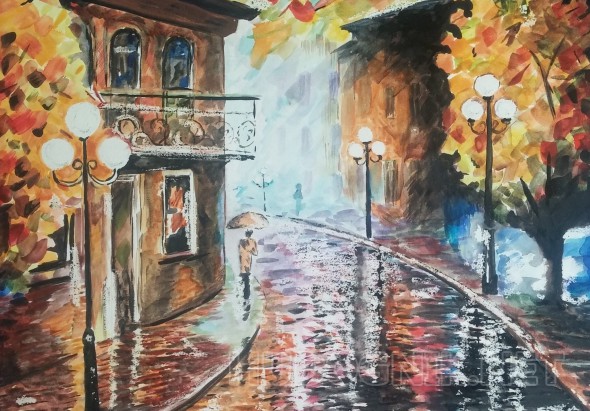 Пейзаж акварелью - Дождь в городе