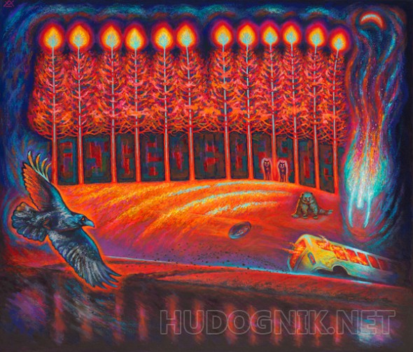 Картина маслом на холсте - Авария на закате