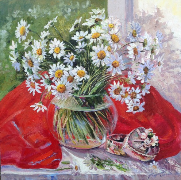 Натюрморт маслом на холсте - Ромашки