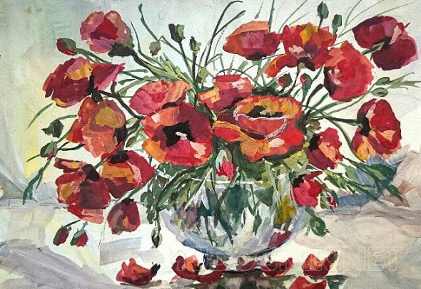 Натюрморт акварелью с маками
