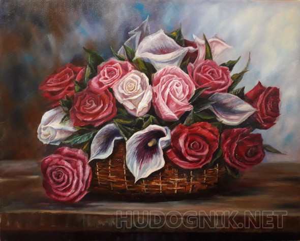 Натюрморт маслом на холсте- Розы в корзине