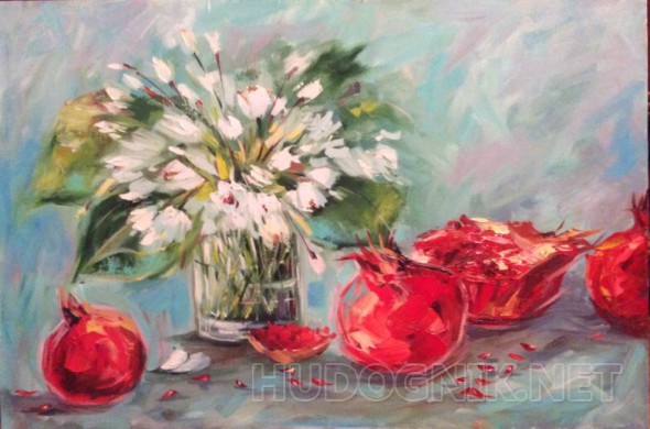 Натюрморт маслом на холсте - Подснежники и гранаты